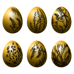 Easter egg, egg with floral pattern, golden egg with black patterns, set eggs for Easter