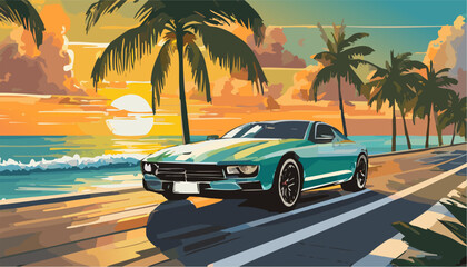 Sunset on the tropical and road near sea with car