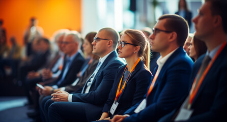 A group of professionals sitting in a row at a conference or seminar. They are dressed in business attire, focusing attentively on something off-camera. - obrazy, fototapety, plakaty
