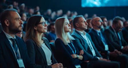 A group of professionals sitting in a row at a conference or seminar. They are dressed in business attire, focusing attentively on something off-camera. - obrazy, fototapety, plakaty