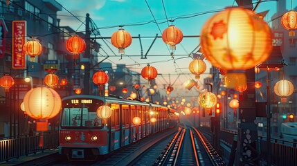 City wide angle, blue sky, no clouds, subway passing, happy, a few lanterns hanging in the sky,...