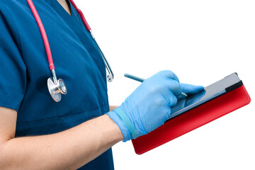 Doktor wpisuje dane pacjenta do szpitalnego systemu informatycznego przez tablet  - obrazy, fototapety, plakaty