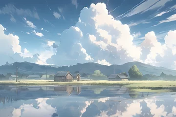 Foto op Plexiglas House on Green Grass with Surrounding Lake and Cloudy Sky Landscape. Beautiful Scenery of Peaceful Village. An Anime Landscape Illustration © Resdika