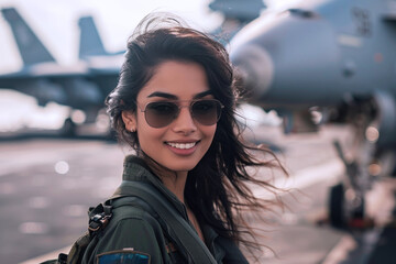 Indian woman wearing air force uniform in the combat aircraft carrier - obrazy, fototapety, plakaty