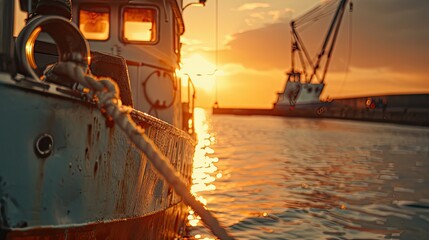 wide angle a part of fishing boat in a harbor at sunset warm color shadow - obrazy, fototapety, plakaty