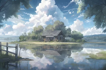 Fototapeten House on Green Grass with Surrounding Lake and Cloudy Sky Landscape. Beautiful Scenery of Peaceful Village. An Anime Landscape Illustration © Resdika