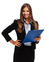 Professional young woman smiling and holding a clipboard, isolated on white