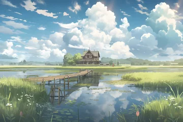 Kissenbezug House on Green Grass with Surrounding Lake and Cloudy Sky Landscape. Beautiful Scenery of Peaceful Village. An Anime Landscape Illustration © Resdika