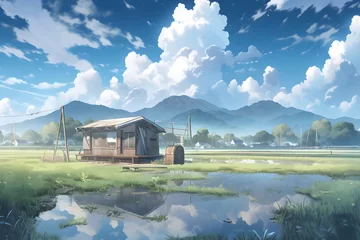 Gordijnen House on Green Grass with Surrounding Lake and Cloudy Sky Landscape. Beautiful Scenery of Peaceful Village. An Anime Landscape Illustration © Resdika
