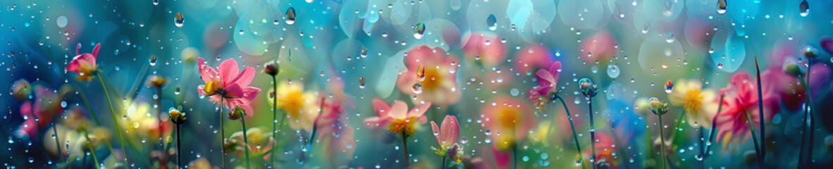 Spring flowers rain drops, abstract blurred background flowers fresh rain. flowering plants. Banner. - obrazy, fototapety, plakaty