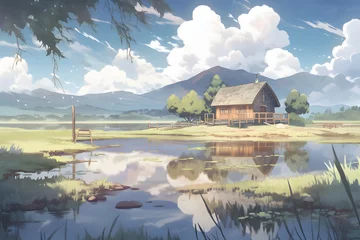 Foto op Plexiglas House on Green Grass with Surrounding Lake and Cloudy Sky Landscape. Beautiful Scenery of Peaceful Village. An Anime Landscape Illustration © Resdika