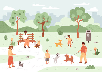 Dog park. People walking with their pets. Boy play with his puppy, domestic animal do exercise with his owner in public playground. Summer vector illustration with trees, lights, waste bin.