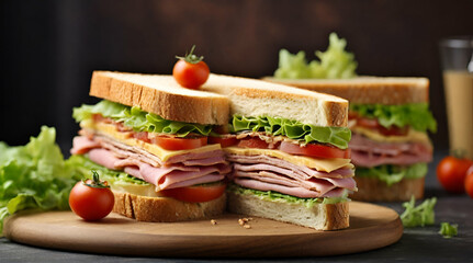 Sandwich Tasty sandwich with ham or bacon cheese tomatoes lettuce and grain bread Delicious club sandwich or school lunch breakfast or snack. generative.ai - obrazy, fototapety, plakaty