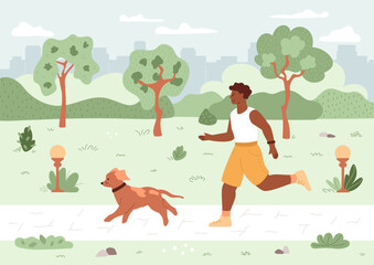 Black man on run with dog in the park. Male jog on the street with pet. Summer vector illustration. Sport activity. Happy character. Outside workout.