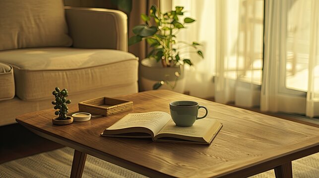a cup of helf drank coffee placed on the center of coffee table, warm cup feelings , wood coffee table , opened book, small green plants
