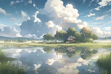 Tuinposter House on Green Grass with Surrounding Lake and Cloudy Sky Landscape. Beautiful Scenery of Peaceful Village. An Anime Landscape Illustration © Resdika