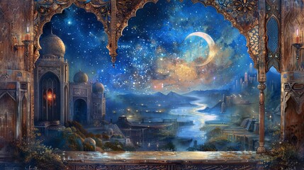Artistic portrayal of a starry night over a Middle Eastern landscape, encased in a frame that blends architectural elements and natural motifs