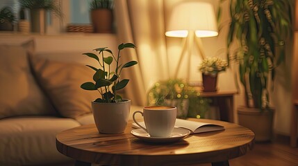 a cup of helf drank coffee placed on the center of coffee table, warm cup feelings , wood coffee...