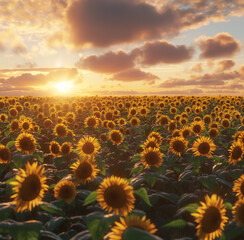Obraz premium Feld mit Sonnenblumen, Farbenfrohe Sonnenblumen blühen, Konzept Sommer
