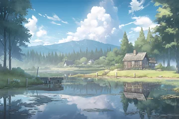 Keuken spatwand met foto House on Green Grass with Surrounding Lake and Cloudy Sky Landscape. Beautiful Scenery of Peaceful Village. An Anime Landscape Illustration © Resdika