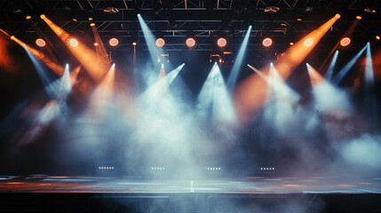 Empty concert stage with illuminated spotlights and smoke. Stage background. Generative Ai