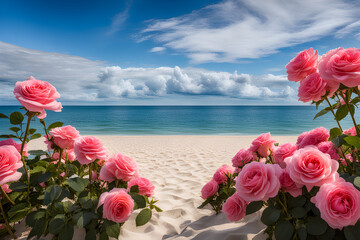 a sandy beach full of pink roses