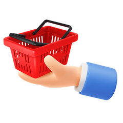 Fototapeta premium Cute cartoon hand holding or giving red empty shopping basket. 3d realistic conceptual icon for sale advertising, offers or discounts. Invitation to shopping. Vector illustration