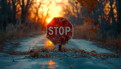 The vibrant red stop sign stands tall among the winter trees, commanding the attention of passing traffic on the quiet street as the golden sun rises in the outdoor landscape - obrazy, fototapety, plakaty