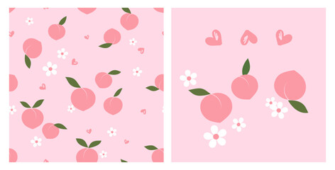 Fototapeta na wymiar Seamless pattern of peach fruit with green leaf, cute flower and hand drawn hearts on pink background. Set of pink peach fruit icon sign vector.