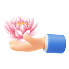 Cute cartoon hand holding or giving water lily flower. 3d realistic conceptual icon, isolated on white. Vector illustration
