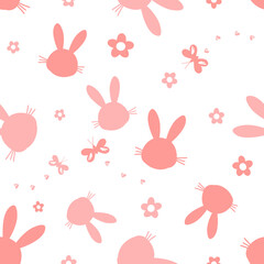 Seamless pattern with bunny rabbit cartoon, cute flower and butterflies on white background vector illustration.