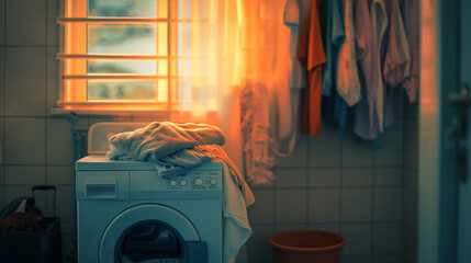 Laundry room with washing machine and piles of white clothes Waiting for cleaning   generate ai