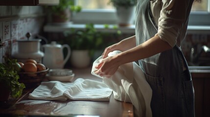 Young woman holding cloth at counter to clean generate ai - obrazy, fototapety, plakaty