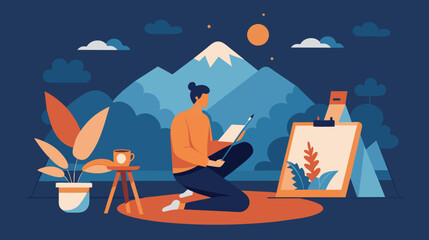 Artist Painting a Mountain Landscape at Twilight