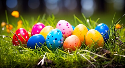 Fototapeta na wymiar Easter - painted eggs in a basket on the grass in the sunlight. AI generated.
