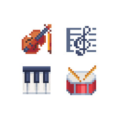Musical instrument emoji, pixel art web icons set, guitar, trumpet, saxophone and violin. Design for logo game, sticker, web, mobile app, badges and patches. Isolated vector.