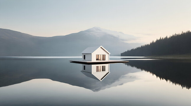 Minimalist image of a white cabin reflecting in a calm lake. generative.ai
