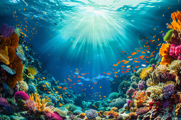 Fototapeta na wymiar Underwater World. Marine Life. Fish And Colorful Coral Reefs. Beautiful Under The Sea Wallpaper. Ai Generated 