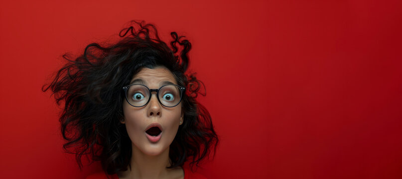 surprised girl donning oversized glasses and voluminous hair against a bold red backdrop. The contrast draws attention to her expression. With ample space for copy, this image is ideal for adding text