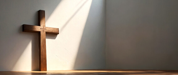 A wooden cross standing against a concrete wall with copy space