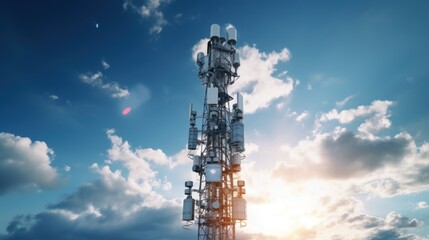 Telecommunication tower cellular. Macro Base Station. 5G radio network telecommunication equipment with radio modules and smart antennas mounted on metal against a clouds sky background. - obrazy, fototapety, plakaty