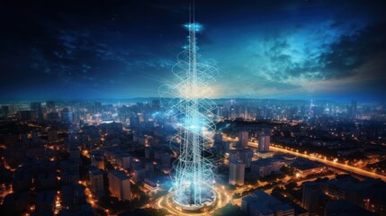 Telecommunication tower with 5G cellular network antenna on Smart city and abstract line and dot connect with gradient line design, big data connection technology concept. - obrazy, fototapety, plakaty