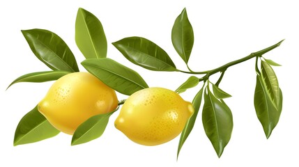 Citrus Branch Art: Lemon Fruit and Green Leaves Digital Illustration