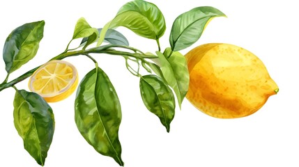 Fresh Lemon Branch Design: Digital Illustration with Green Leaves