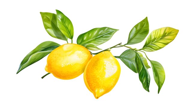 Botanical Lemon Illustration: Branch, Fruit, and Greenery on White