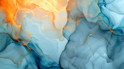 Blue Orange Gold Marble Background: Abstract Fluid Art Painting