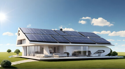 futuristic generic smart home with solar panels rooftop system for renewable energy concepts as wide banner with copyspace area. generative.ai