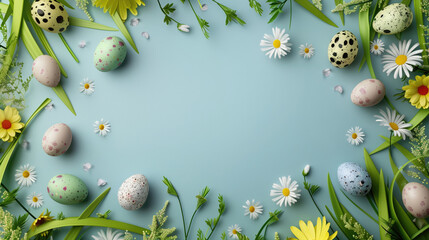 Fototapeta na wymiar Easter spring background with eggs, flowers and grass on blue background. Top view.