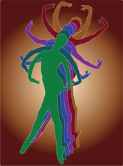 color ballet dancer silhouettes on dark red background