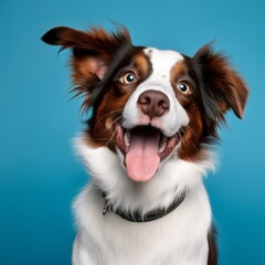 Happy smiling dog sticking out tongue, cute pet looking at camera isolated on blue background
